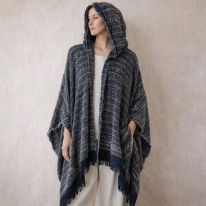 Free People Hooded Poncho Fringe Hem Oversized Boho Made in India Cotton Blend